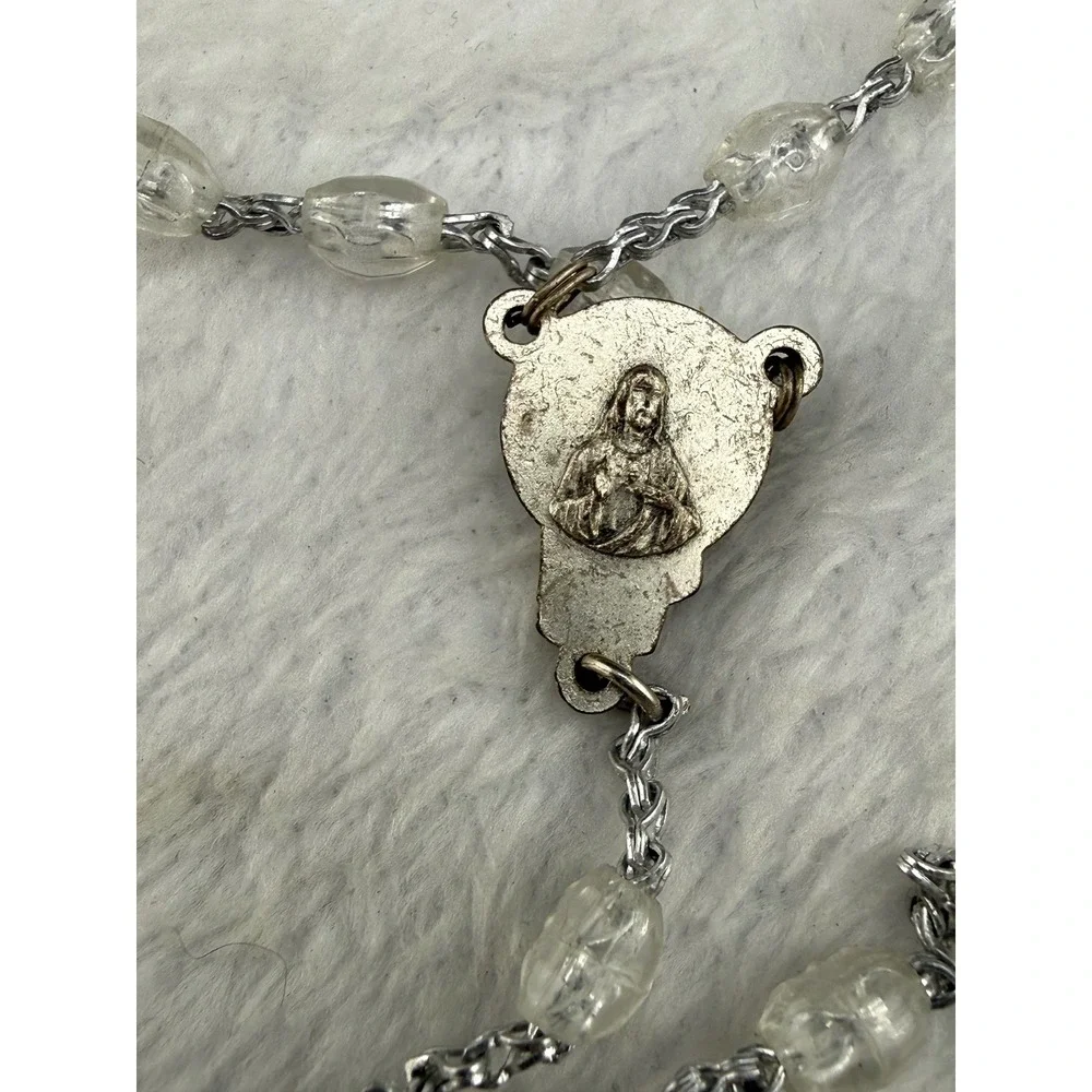 Vintage Italy Rosary Clear Faceted Plastic Beads Silver Tone Sacred Heart READ